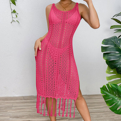 Vacation Sexy Solid Color Spaghetti Straps Knitted High Slit Hollow Out Cutout Tassel Dress Beach Sun Protection Blouse Crochet hook