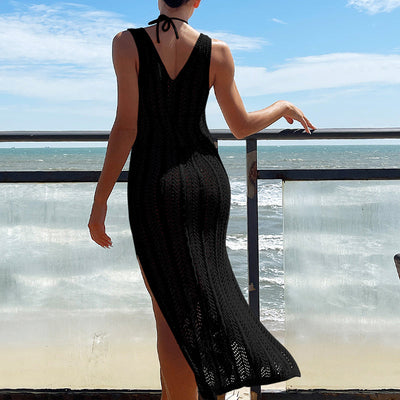 Women Clothing Travel Vacation Sexy V-neck Solid Color Breathable Long Dress Beach Sun Shield Crochet hook