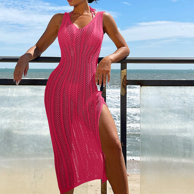 Women Clothing Travel Vacation Sexy V-neck Solid Color Breathable Long Dress Beach Sun Shield Crochet hook