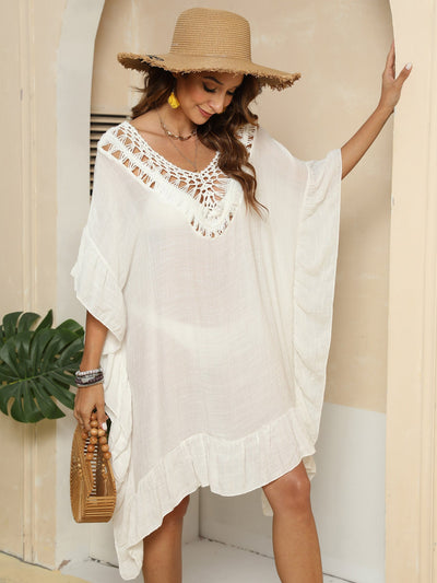 Women Clothing Hand Crocheting Patchwork Ruffled Beach Dress Bikini Cover up Blouse