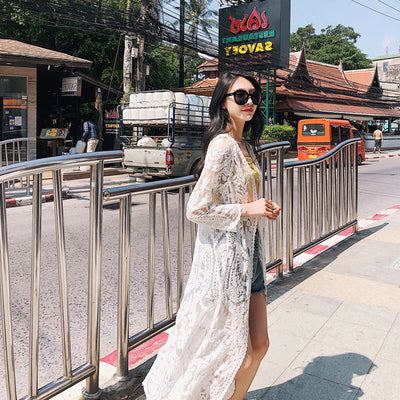 Mesh Swimsuit See through Long Outer Match Sun Protection Clothing Lace Embroidered Cardigan Beach Bikini Beach Jacket Women