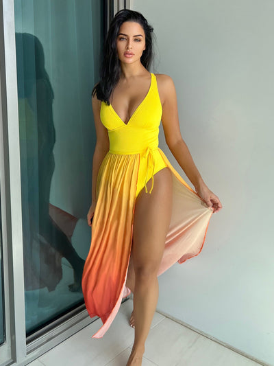 Yellow One Piece Bikini Swimsuit Gradient Cover up Beach Dress