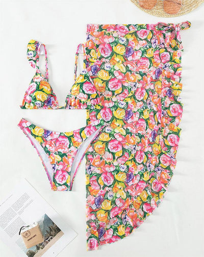 Bikini Big Floral Skirt Sexy Bikini Swimwear Three Piece Swimsuit