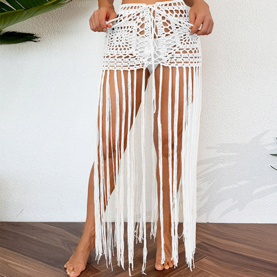 Vacation Sun Protection Hand Crocheting Lace up Beach Overskirt Hand Crocheting Hollow Out Cutout Long Fringe Skirt Crochet hook