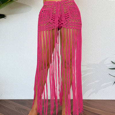 Vacation Sun Protection Hand Crocheting Lace up Beach Overskirt Hand Crocheting Hollow Out Cutout Long Fringe Skirt Crochet hook