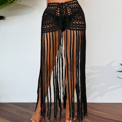 Vacation Sun Protection Hand Crocheting Lace up Beach Overskirt Hand Crocheting Hollow Out Cutout Long Fringe Skirt Crochet hook
