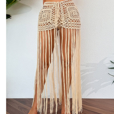 Vacation Sun Protection Hand Crocheting Lace up Beach Overskirt Hand Crocheting Hollow Out Cutout Long Fringe Skirt Crochet hook