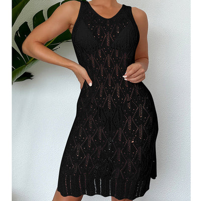 Women Mid Length Sexy Cutout Solid Color Vest Dress Side Slit Beach Dress Crochet hook