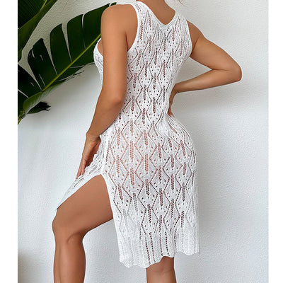 Women Mid Length Sexy Cutout Solid Color Vest Dress Side Slit Beach Dress Crochet hook