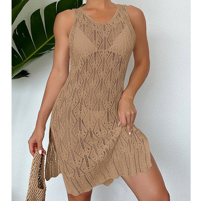 Women Mid Length Sexy Cutout Solid Color Vest Dress Side Slit Beach Dress Crochet hook