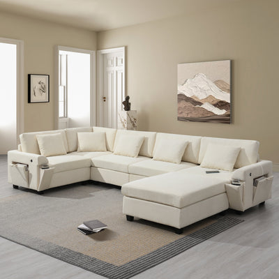 Chenille U Shaped Sectional Sofa with Ottoman, Storage, Cup Holders, and USB Ports, Off White, 128*67'