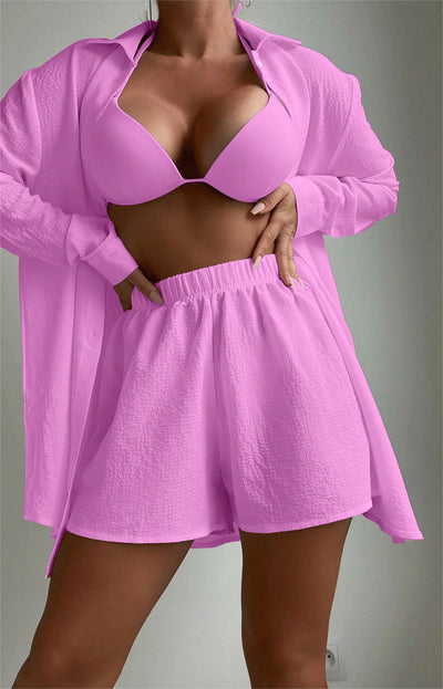 Beach Cover Up Solid Color Long Sleeved Shirt Two Piece Set Hawaiian Seaside Vacation Swimsuit Blouse