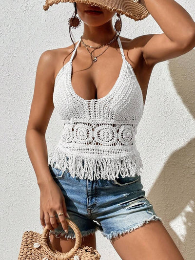 Women Solid Color Vacation Summer Short Tie Top Crochet hook