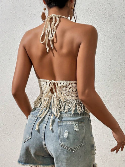 Women Solid Color Vacation Summer Short Tie Top Crochet hook