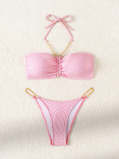 Tube Top Lace up Bikini Swimsuit Women Split Small Chest Push up Big Breasts Sexy Bikini