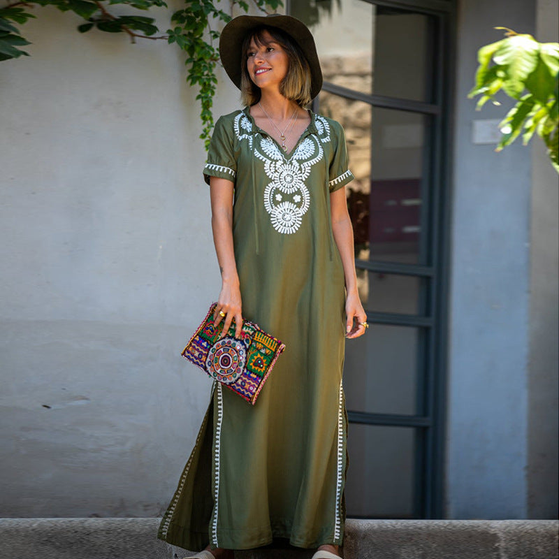 Rayon Army Green Short Sleeve Embroidered Beach Jacket Vacation Robe Beach Cover Up Outer Wear Dress Women