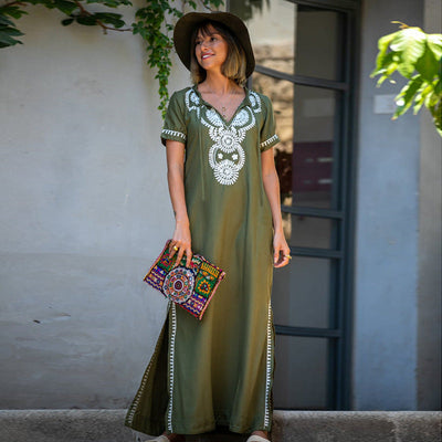 Rayon Army Green Short Sleeve Embroidered Beach Jacket Vacation Robe Beach Cover Up Outer Wear Dress Women