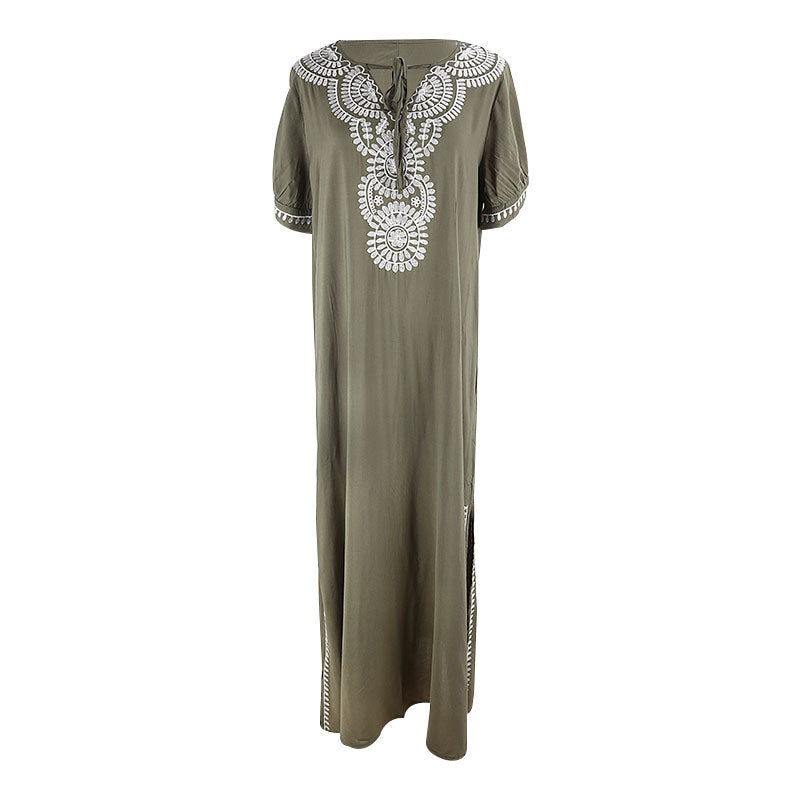 Rayon Army Green Short Sleeve Embroidered Beach Jacket Vacation Robe Beach Cover Up Outer Wear Dress Women
