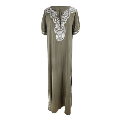 Rayon Army Green Short Sleeve Embroidered Beach Jacket Vacation Robe Beach Cover Up Outer Wear Dress Women