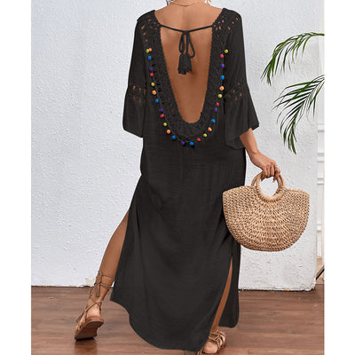 Women Hand Hook Stitching Colorful Ball Sexy Hollow Out Cutout Backless Loose Beach Long Cover Dress Crochet hook