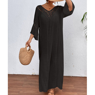 Women Hand Hook Stitching Colorful Ball Sexy Hollow Out Cutout Backless Loose Beach Long Cover Dress Crochet hook