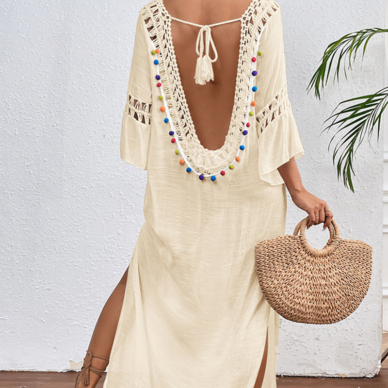 Women Hand Hook Stitching Colorful Ball Sexy Hollow Out Cutout Backless Loose Beach Long Cover Dress Crochet hook