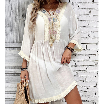 Women Clothing Holiday Neckline Lace Decorative Beach Blouse Holiday Sun Protection Loose Blouse Crochet hook