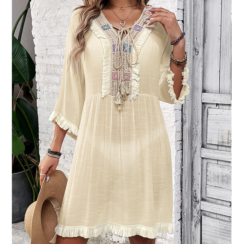 Women Clothing Holiday Neckline Lace Decorative Beach Blouse Holiday Sun Protection Loose Blouse Crochet hook