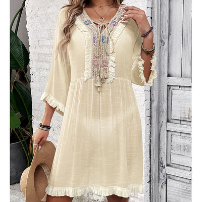 Women Clothing Holiday Neckline Lace Decorative Beach Blouse Holiday Sun Protection Loose Blouse Crochet hook