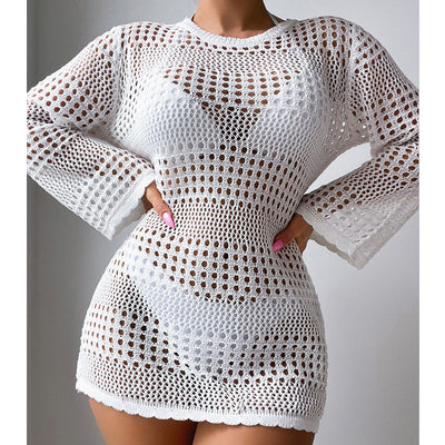 Vacation Casual Hollow Out Cutout Out Long Sleeve Pullover Solid Color Sun Protection Shirt Mid Length Beach Cover Up Crochet hook