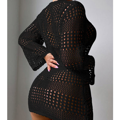 Vacation Casual Hollow Out Cutout Out Long Sleeve Pullover Solid Color Sun Protection Shirt Mid Length Beach Cover Up Crochet hook