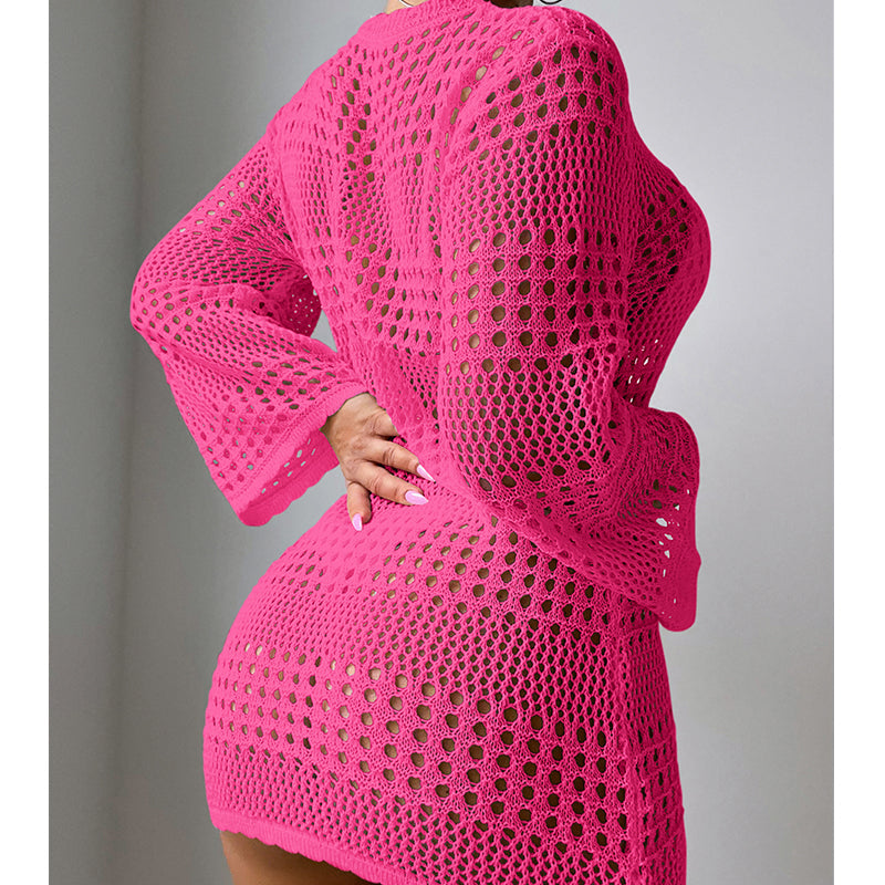 Vacation Casual Hollow Out Cutout Out Long Sleeve Pullover Solid Color Sun Protection Shirt Mid Length Beach Cover Up Crochet hook