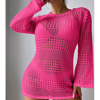 Vacation Casual Hollow Out Cutout Out Long Sleeve Pullover Solid Color Sun Protection Shirt Mid Length Beach Cover Up Crochet hook