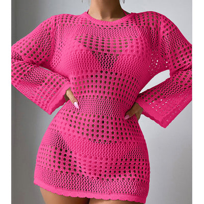 Vacation Casual Hollow Out Cutout Out Long Sleeve Pullover Solid Color Sun Protection Shirt Mid Length Beach Cover Up Crochet hook