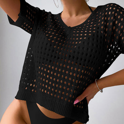 Women Hollow Out Cutout Neckline Button Loose Pullover Short Sleeve Woven Sexy Beach Blouse Crochet hook
