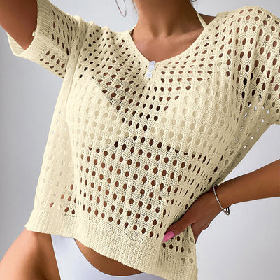 Women Hollow Out Cutout Neckline Button Loose Pullover Short Sleeve Woven Sexy Beach Blouse Crochet hook