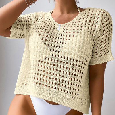 Women Hollow Out Cutout Neckline Button Loose Pullover Short Sleeve Woven Sexy Beach Blouse Crochet hook