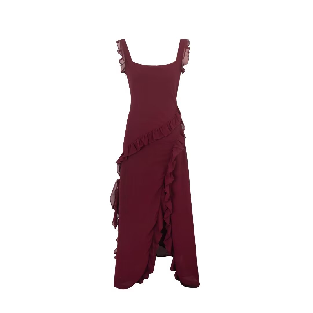 Women Clothing Summer Autumn Sexy Wooden Ear Stitching Split Dress