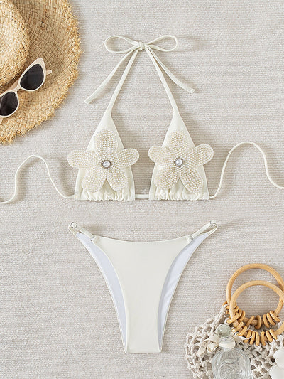 White Applique Halter Lace Up Women Split Swimsuit Sexy Halter Bikini