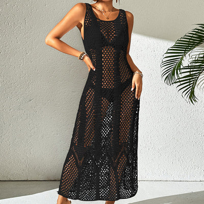 Vacation Dress Sexy U Collar Solid Color Hollow Out Cutout Out Camisole Maxi Dress Beach Sun Protection Dress Crochet hook