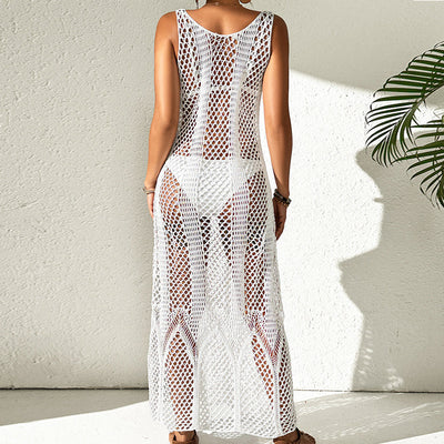 Vacation Dress Sexy U Collar Solid Color Hollow Out Cutout Out Camisole Maxi Dress Beach Sun Protection Dress Crochet hook