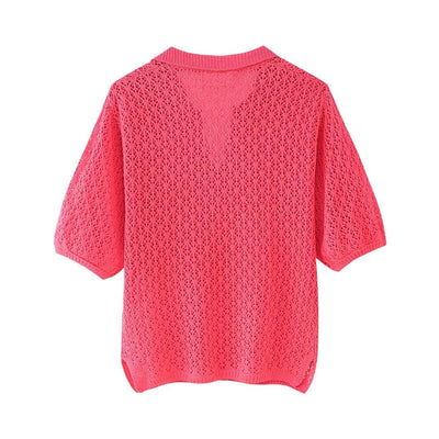 Women Clothing Summer Jacquard Mesh Loose Polo Collar Knitwear
