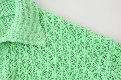 Women Clothing Summer Jacquard Mesh Loose Polo Collar Knitwear