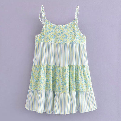 Women Floral Striped Stitching Suspender Vacation Lace up Dress