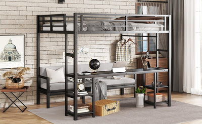 Queen Over Twin XL Metal Bunk Bed/Loft Bed with Desk and Shelves, Multiple Uses Folds into Sofa with LED and USB, Black