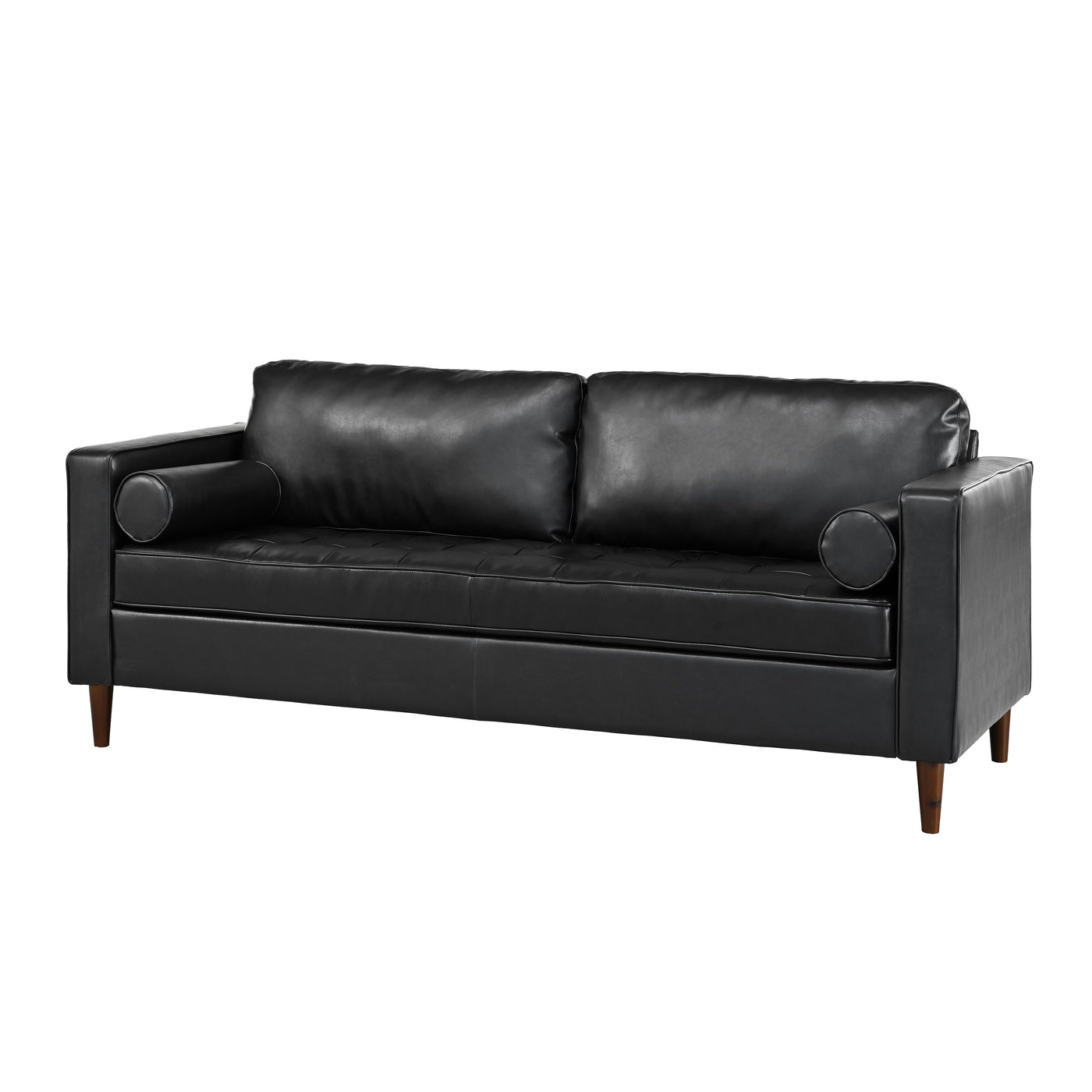 Mirod Mid-Century Modern PU Leather 3-Seat Sofa, Tufted Design, Solid Wood Legs, 2 Bolster Pillows, Comfortable Couch for Living Room & Home Office