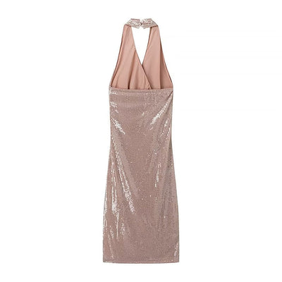 Women French Sequin Pleated Halter Dress