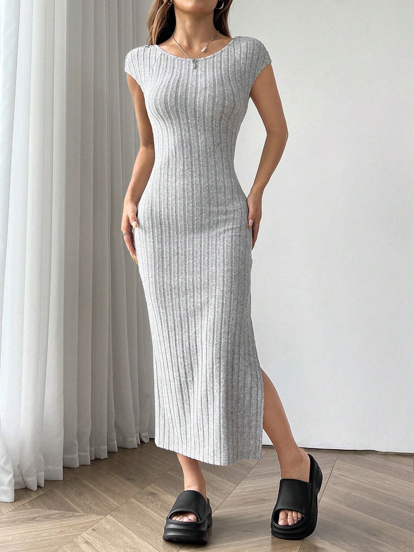 Women Clothing Summer round Neck Short Sleeve Backless Sexy Slit Dress