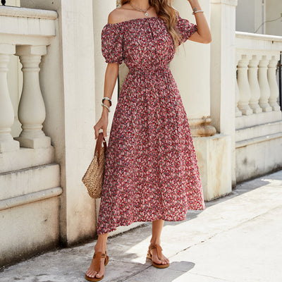 Women Summer Vacation Off Shoulder Print Short Sleeved Dress