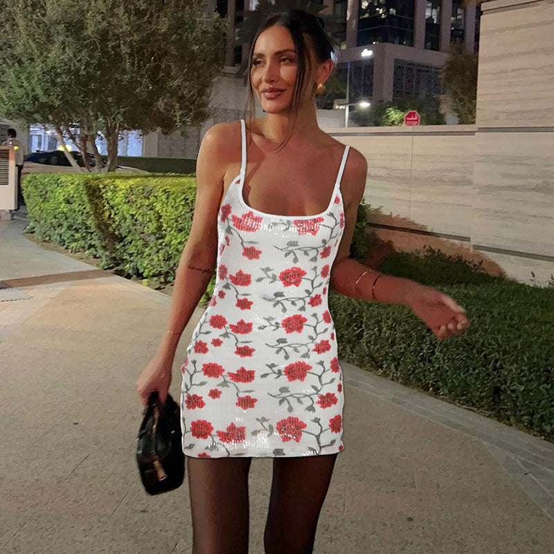 Autumn Winter Sexy Backless Slim Fit Printed Sequin Slip Dress Sexy Hip